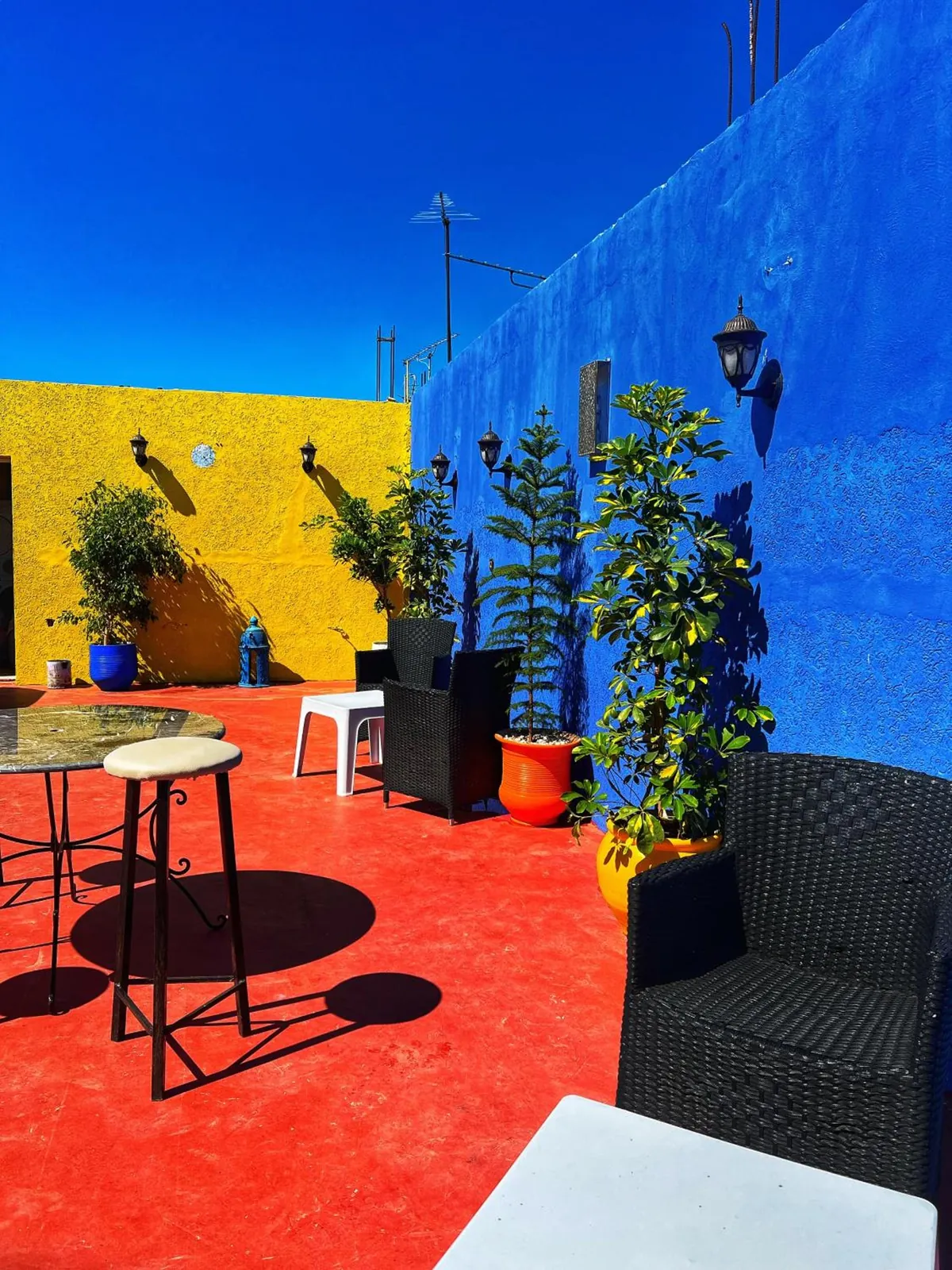 The terrace, blue and yellow walls